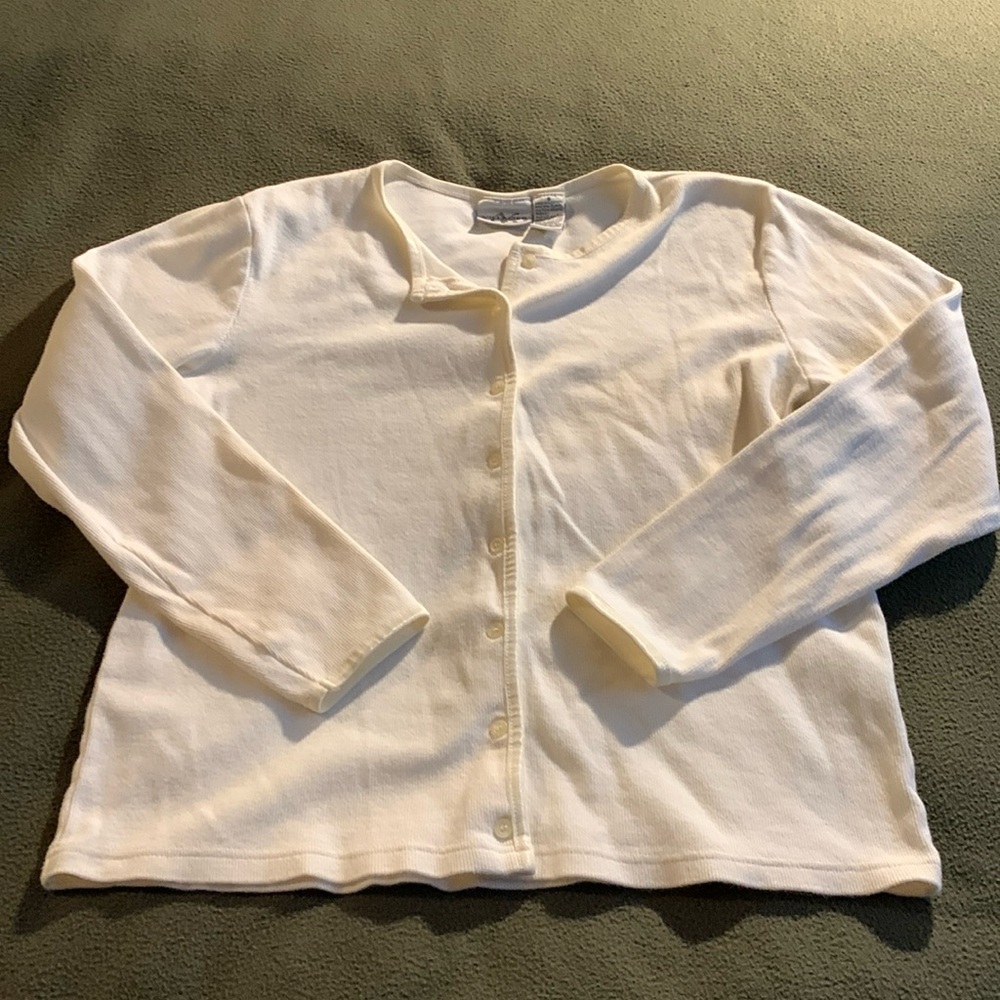 Villager Sport white button-up sweater with satin trim. Size small